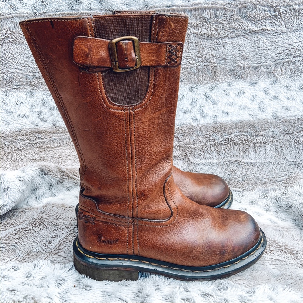 Dr. Martens Mid Calf Brown Tan Leather Moto Boots